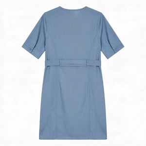 Blue <b>Short</b> Sleeve Crew Neck Sheath <b>Dress</b> with Belt and Pockets Fitted Knee-Length Utility Style for Daily Wear - Product Image 6
