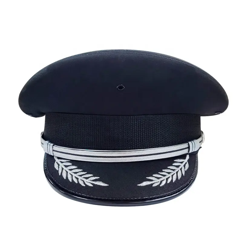 Custom Detachable Black Officer Uniform Dress Security Hat Commander Peaked Cap