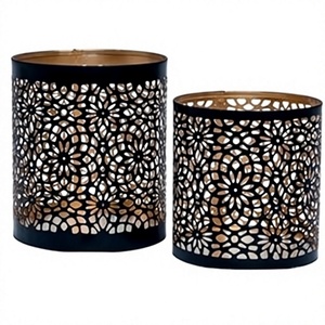 Faroles Cilíndricos Antiguos de Hierro Negro con Recortes Florales, Resistentes al Calor, Decoración para el Hogar - Product Image 1