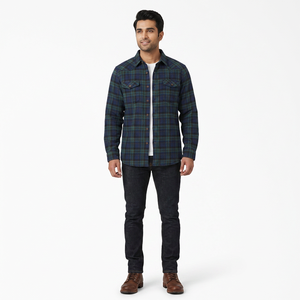 Mens <b>Green</b> Cotton Face with Polyester Fleece Lining Winter Plaid and <b>Velvet</b> Warm Flannel Shirt Coat Jacket - Product Image 1