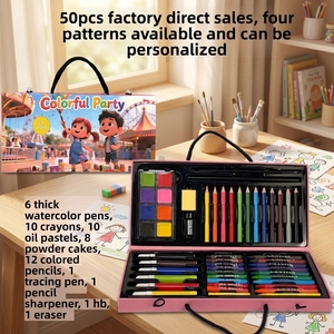 Ensemble de dessin <span class=keywords><strong>pour</strong></span> enfants de 50 pièces avec papier et boîte en bois, <span class=keywords><strong>crayons</strong></span> et feutres aquarelles - Cadeau d'anniversaire idéal - Product Image 1