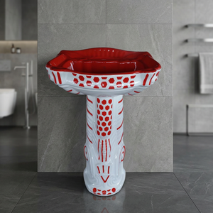 Lavabo ovale moderne en céramique rouge avec piédestal, ensemble mural pour salle de bain, lavabo sur pied complet - Product Image 1