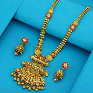 Ensemble de collier en or traditionnel avec un design de style temple complexe, détails en émail rouge et vert et boucles d'oreilles assorties, bijoux de mariée - Product Image 3