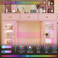 Coiffeuse de chambre moderne avec miroir, éclairage RGB, meuble de maquillage avec armoires en verre, table de maquillage LED réglable et prise de courant intégrée