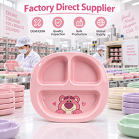 Assiette en céramique à 3 compartiments pour tout-petits, motif ours de dessin animé mignon, couleur personnalisée, OEM ODM, vente en gros
