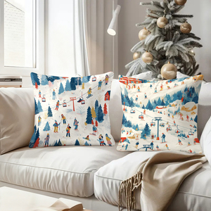 Acogedoras almohadas decorativas de invierno con escenas de esquí nevadas, mostrando personas disfrutando de las pistas y los telecabinos. - Product Image 4