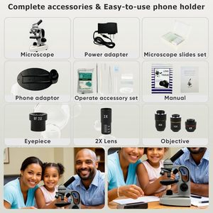Microscope composé monoculaire pour adultes et débutants, 40X-2000X, LED, kit d'expérimentation avec diapositives pour l'éducation à domicile (blanc noir) - Product Image 6