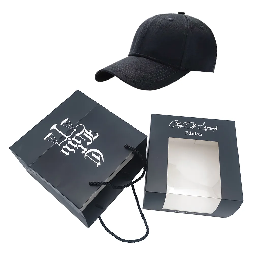 Sombrero de papel con logotipo personalizado 2024, gorra de béisbol, caja de regalo con ventana transparente de pvc, cajas de sombreros de camionero