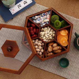 Caja de madera para frutos secos de estilo chino, tapa poligonal, capacidad de 9cm, 1-3L, para almacenamiento en el escritorio de la sala de estar - Product Image 1