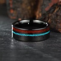 Bijoux pour hommes Bague en bois incrusté d'opale concassée et de bois faite à la main Bague en tungstène noire polie pour hommes et femmes Alliance de mariage