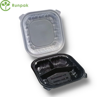Boîte alimentaire à charnière transparente et noire à 3 compartiments de 9 x 9 pouces, écologique, jetable, recyclable, boîte à lunch