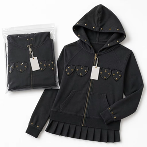 New Washed Hooded Jacket 80% Cotton 20% Polyester, Zip up Applique <strong>Heart</strong> Embroidery Rivet Long Sleeve Hoodie S-M-L - Product Image 6