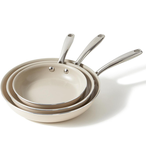 Ensemble de poêles à frire en céramique antiadhésives, poignée ronde en acier inoxydable, base en aluminium, pour cuisinières à gaz et à induction, lavage à la main uniquement - Product Image 1