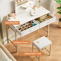 Coiffeuse Moderne avec Tabouret Rembourré, Ensemble Bureau Maquillage Blanc et Or avec Tiroirs et Chaise
