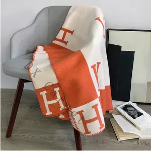 morden style high brand h blanket comfort camping wool knitted blanket for drop shipping on stock orange color