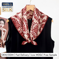 Foulard carré en soie de mûrier 6A personnalisé OEM à faible MOQ, écharpe en soie rouge vintage à motif floral, livraison rapide en 7 jours