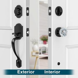 Calzibeno <b>Black</b> Front <b>Door</b> Handle And Deadbolt Set With Crystal Glass <b>Knob</b> Entry Lock Matte Finish Zinc Material - Product Image 2