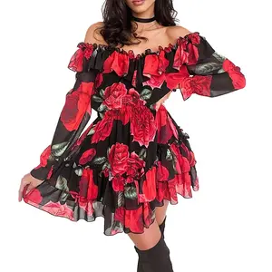 1pc Cheap Price Sell Women's Spring Summer Long Sleeve Dress Off Shoulder Floral Casual Dresses