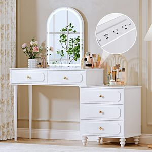 <span class=keywords><strong>Bureau</strong></span> de toilette <span class=keywords><strong>blanc</strong></span> avec miroir LED arqué, armoire latérale réglable, prise de courant intégrée, 5 tiroirs de rangement - Product Image 1