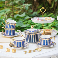 Service à café et thé en porcelaine fine, style britannique, avec soucoupe à bord doré et motifs rayés, idéal pour l'heure du thé, motif floral, pour la maison