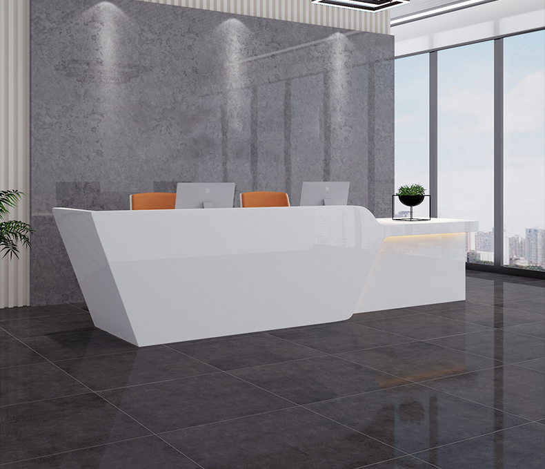 OEM Blanc Droite en forme de bureau meubles hôtel restaurant caissier led comptoir de réception réception