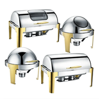 Plats de service ronds pour hôtels et traiteurs, en acier inoxydable doré, avec couvercle en verre hydraulique, chauffe-plats pour buffet