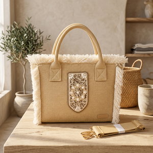 Sac fourre-tout de luxe personnalisé en paille tressée avec patch perlé coquillage cauris, sac de plage en raphia avec franges et bandoulière, sac à main pour femme - Product Image 5