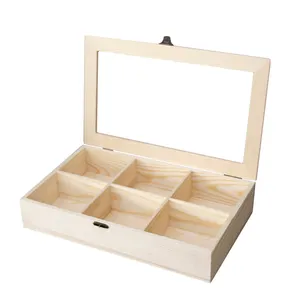Eco-friendly Wholesale 6 Compartment Natural Color Solid Flip Transparent Lid Wood Tea Coffee Items Wooden Gift Packaging Box