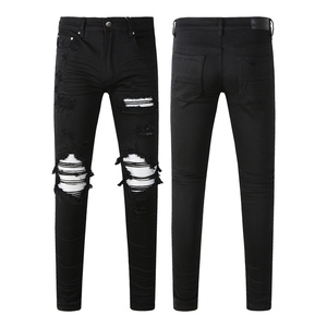 <span class=keywords><strong>Vaqueros</strong></span> <span class=keywords><strong>de</strong></span> mezclilla para <span class=keywords><strong>hombre</strong></span>, corte ajustado, rectos, con cintura rasgada, desgastados, bordados, estilo urbano, vintage - Product Image 5