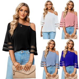 เสื้อผู้หญิงเซ็กซี่ลำลองผ้าซาตินปี 2024 แต่งผ้าตาข่ายเปิดไหล่ทรงเข้ารูประบายอากาศได้ดีเป็นมิตรกับสิ่งแวดล้อม เหมาะสำหรับงานปาร์ตี้และคลับ ติดกระดุมโลหะ - Product Image 1