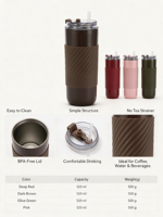 Tasse de voyage isotherme en acier inoxydable personnalisable avec logo, mug thermique à double paroi sous vide avec poignée antidérapante en silicone et couvercle à paille