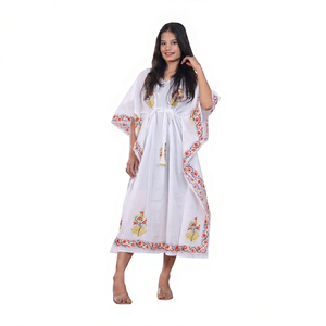 Vestido Kaftán Blanco con Estampado de Bloques, 100% Algodón, Corte Holgado, Estilo Boho, Largo hasta la Rodilla, Manga Murciélago, Cuello en V, Transpirable, para Eventos Formales - Product Image 1