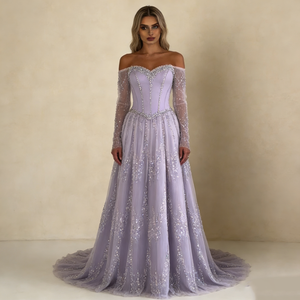 Robes pour femmes, violet clair, épaules <span class=keywords><strong>d</strong></span>énudées, col cœur, strass, manches longues en tulle, taille cintrée, traîne élégante - Product Image 1