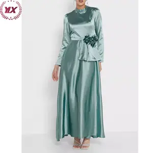 New Fashion Waist Flower Detail Satin-feel Comfortable Polyester Blend Fabric High Neck Long Sleeve Green Dress Women