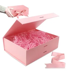 Gift Box with Ribbon Pink Crinkle Cut Paper Shred Filler Cute Empty Gift Present Box for Christmas Mothers' Day