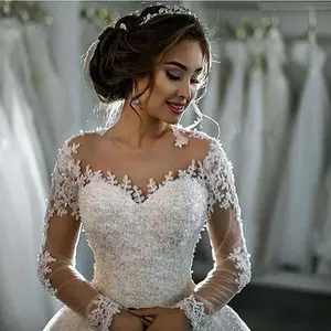 Abiti da sposa in cristallo Applique di lusso con splendido gioiello manica lunga bottone coperto indietro Sweep Train abito da sposa