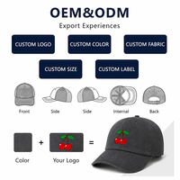 Gorra de Béisbol de Algodón Lavado con 6 Paneles y Bordado de Cereza, Personalizable con Logotipo, al por Mayor OEM/ODM, Ajustable, para Uso Diario