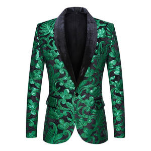Shiny Green Floral Sequin Tuxedo Blazers Men One Button Shawl Collar Dress Suit <strong>Jacket</strong> Party <strong>Dinner</strong> Wedding Prom Singer Costume - Product Image 2