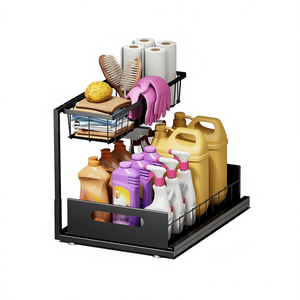 Organizador de fregadero de metal negro de 2 niveles, estante de almacenamiento para gabinete de cocina y baño, diseño industrial independiente - Product Image 1