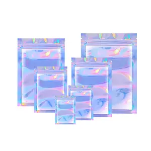 14x20cm Front Clear Transparent Rainbow Iridescent Hologram Holographic Packaging Ziplock Pouch Bags