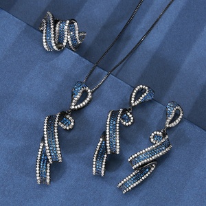 New Arrivals Eco-friendly Copper Black Gold Plated Blue Cubic Zirconia Pendant Necklace <b>Earrings</b> Ring Set Jewelry Set for Womens - Product Image 3