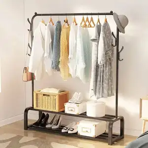 Wholesale Free Standing Clothes Hanging Rail With 2 Tier Shoe Rack Shelves And Hooks