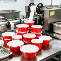 Bol en plastique rouge et blanc, compatible micro-ondes, récipient alimentaire jetable avec couvercle transparent