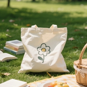 Bolso de compras de lona de algodón ecológico personalizado, bolso de mano con estampado de flora personalizado con logotipo bordado, diseño de hojas y flora - Product Image 3
