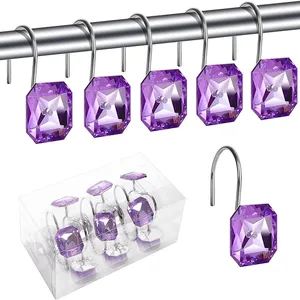 Juego de 12 ganchos cuadrados púrpura A prueba de óxido, metal intermitente, acrílico, diamantes de imitación, cortina de ducha