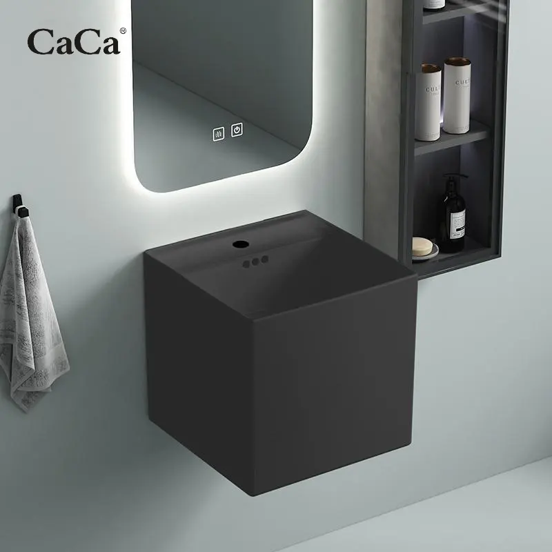 CaCa Hot sell Black square ceramic washing basin back to wall mounted sink basin with Smart mirror and cabinet