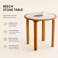 Table à manger en pierre frittée, surface blanche 11 mm, structure en bois de hêtre massif, design rond pour la maison, le restaurant, l'hôtel, la cuisine
