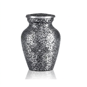 Urna Funeraria Metálica Ovalada, Recuerdo Conmemorativo, Diseño de Cruz Celta, Plateada, 200 Pulgadas Cúbicas - Artesanía India - Product Image 1