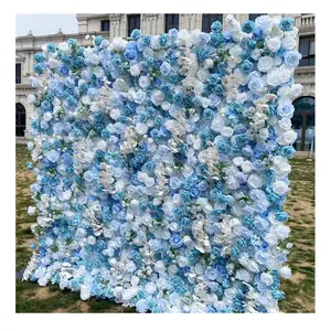 Wedding Decoration Light Dark Baby Sky Blue Flowers Roll up Cloth Fabric Base Artificial Silk Rose Flower Wall Decor For Wedding