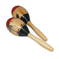 Paire de maracas en bois avec têtes rouges, motif palmier peint, poignées en bois naturel, pour la musique